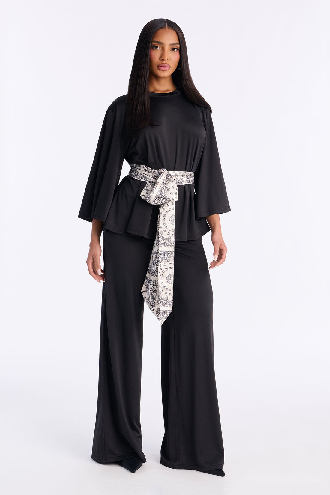 Normani 3 Piece Scarf Belt Pant Set - Black