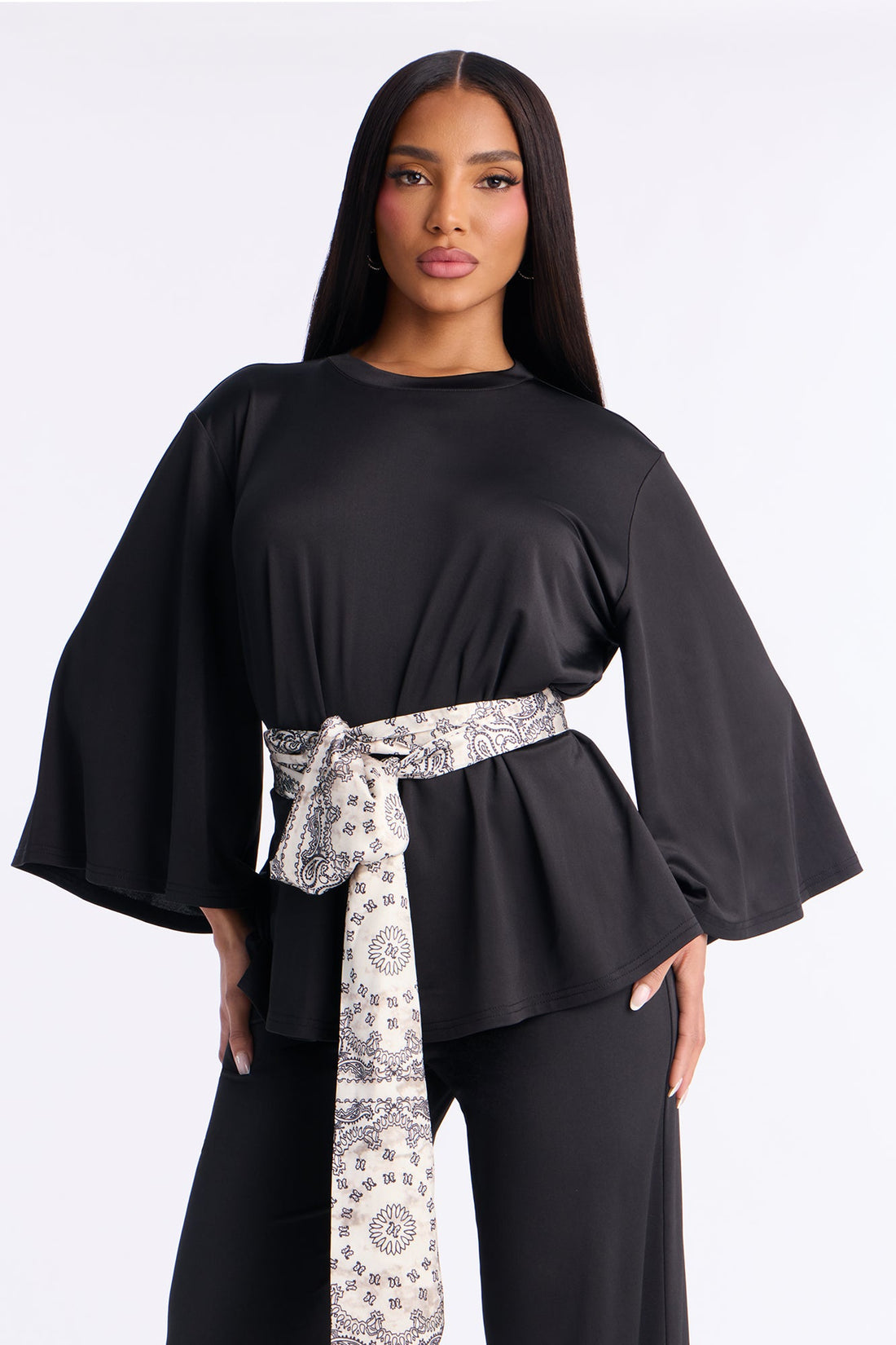 Normani 3 Piece Scarf Belt Pant Set - Black