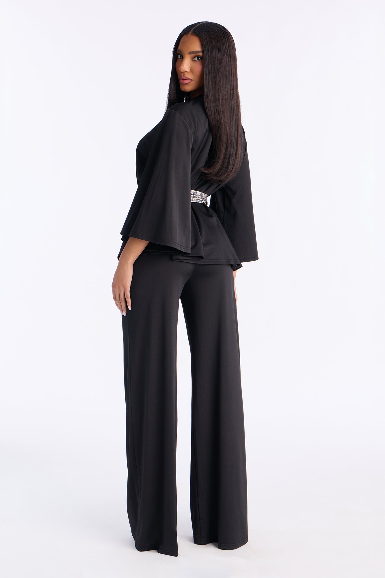 Normani 3 Piece Scarf Belt Pant Set - Black
