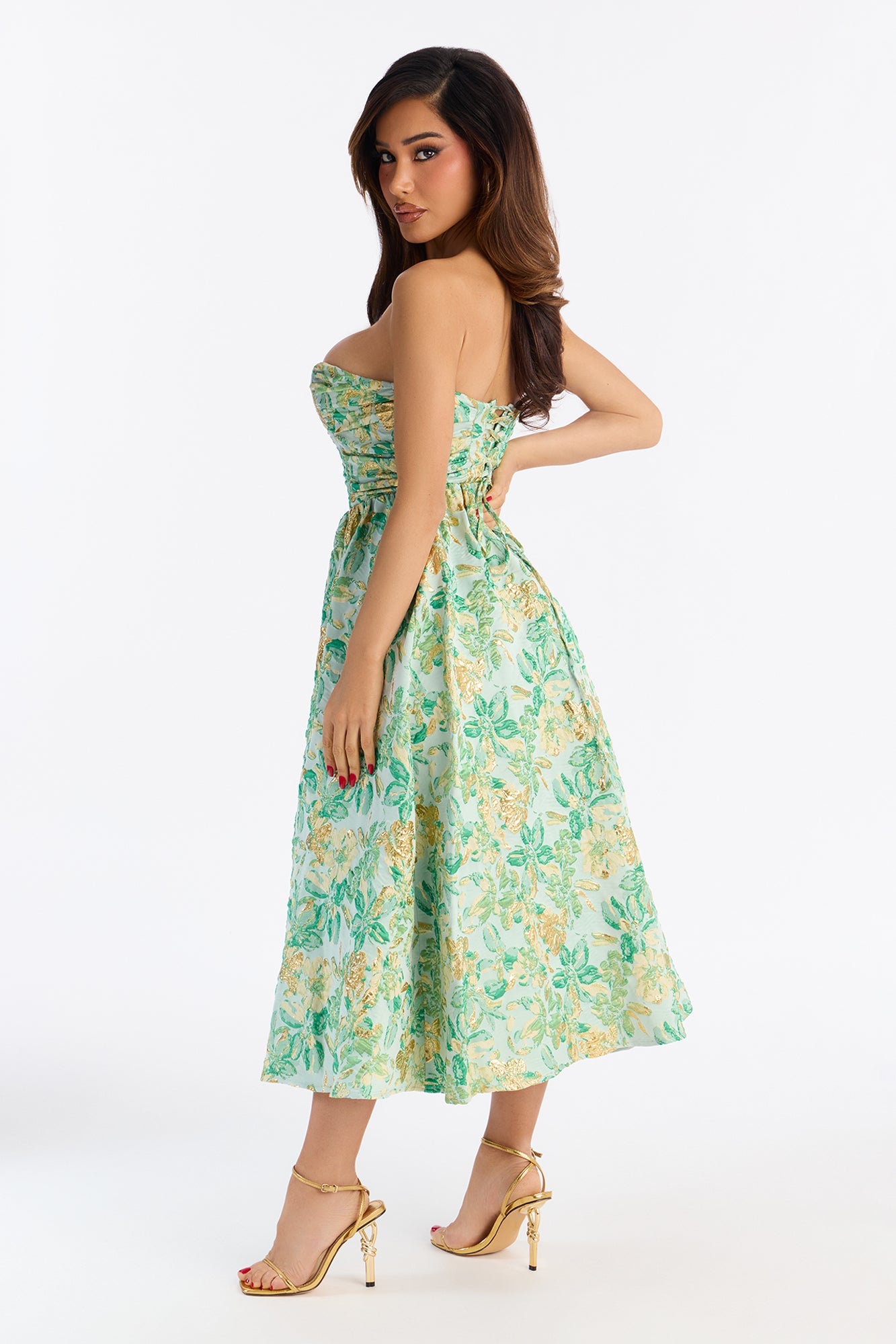 Sweet Like Me Glitter Floral Jacquard Midi Dress - Green