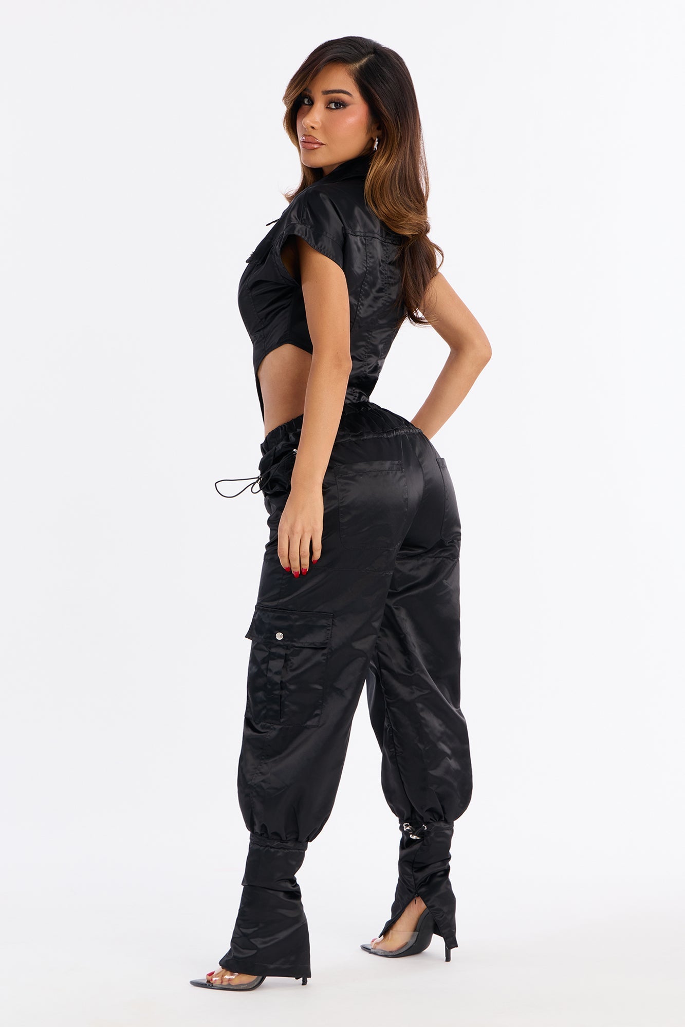 Giving Attitude Satin Bodysuit Pant Set - Black