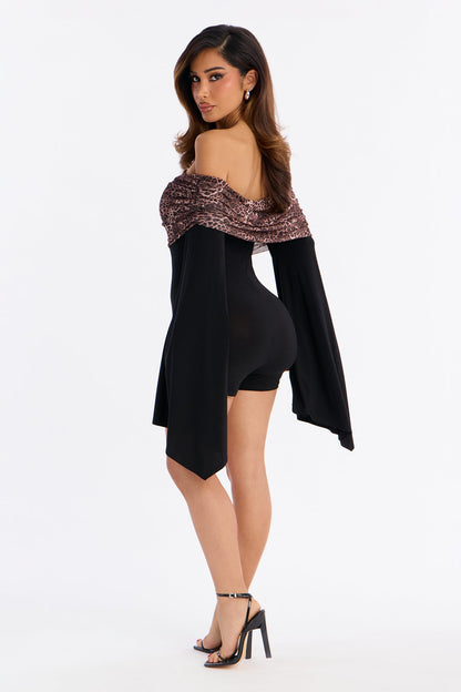 Farrah Leopard Off Shoulder Romper - Black