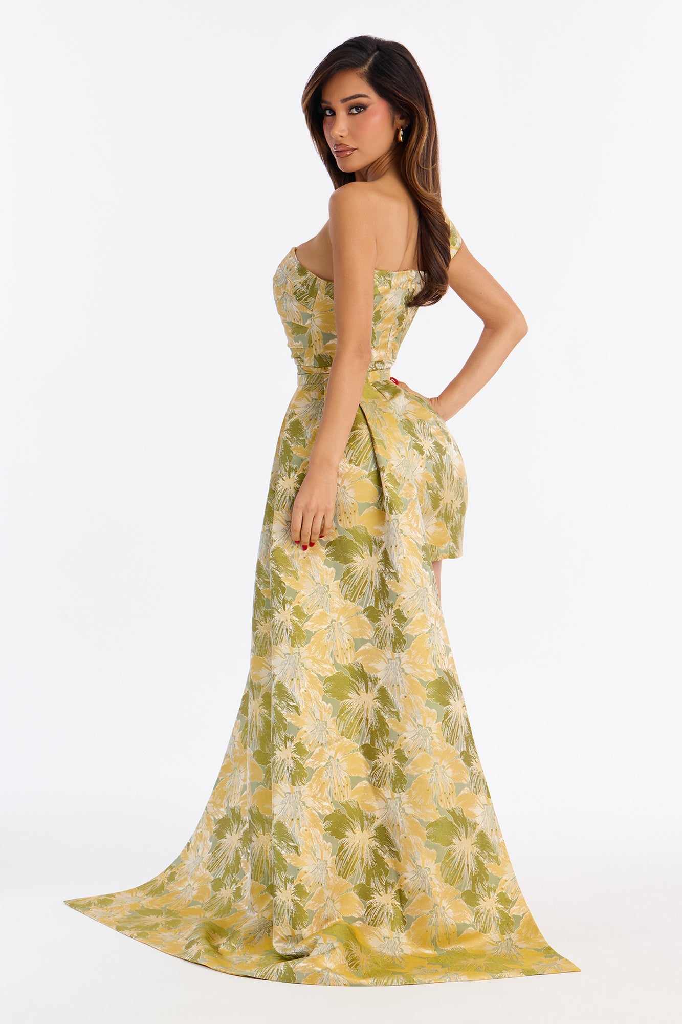 Isabella Removable Train Jacquard Mini Dress - Green/combo