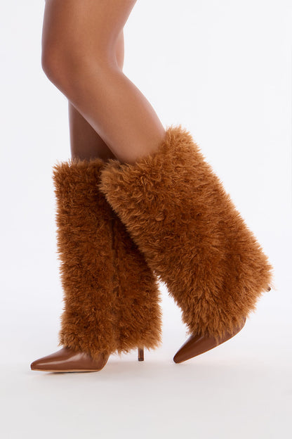 Winter Faux Fur Overlay Boots - Brown