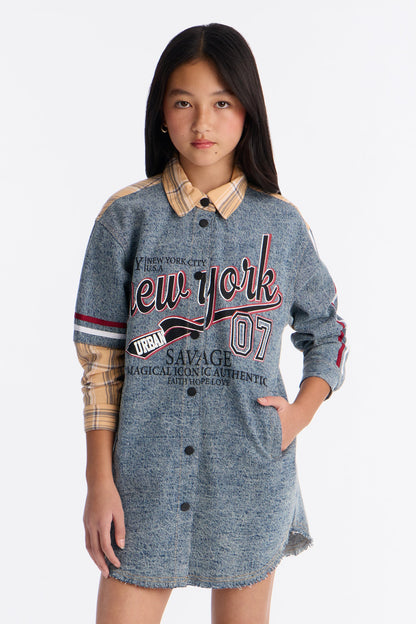Mini Self Made Girl Oversized Shirt Dress - Light Wash