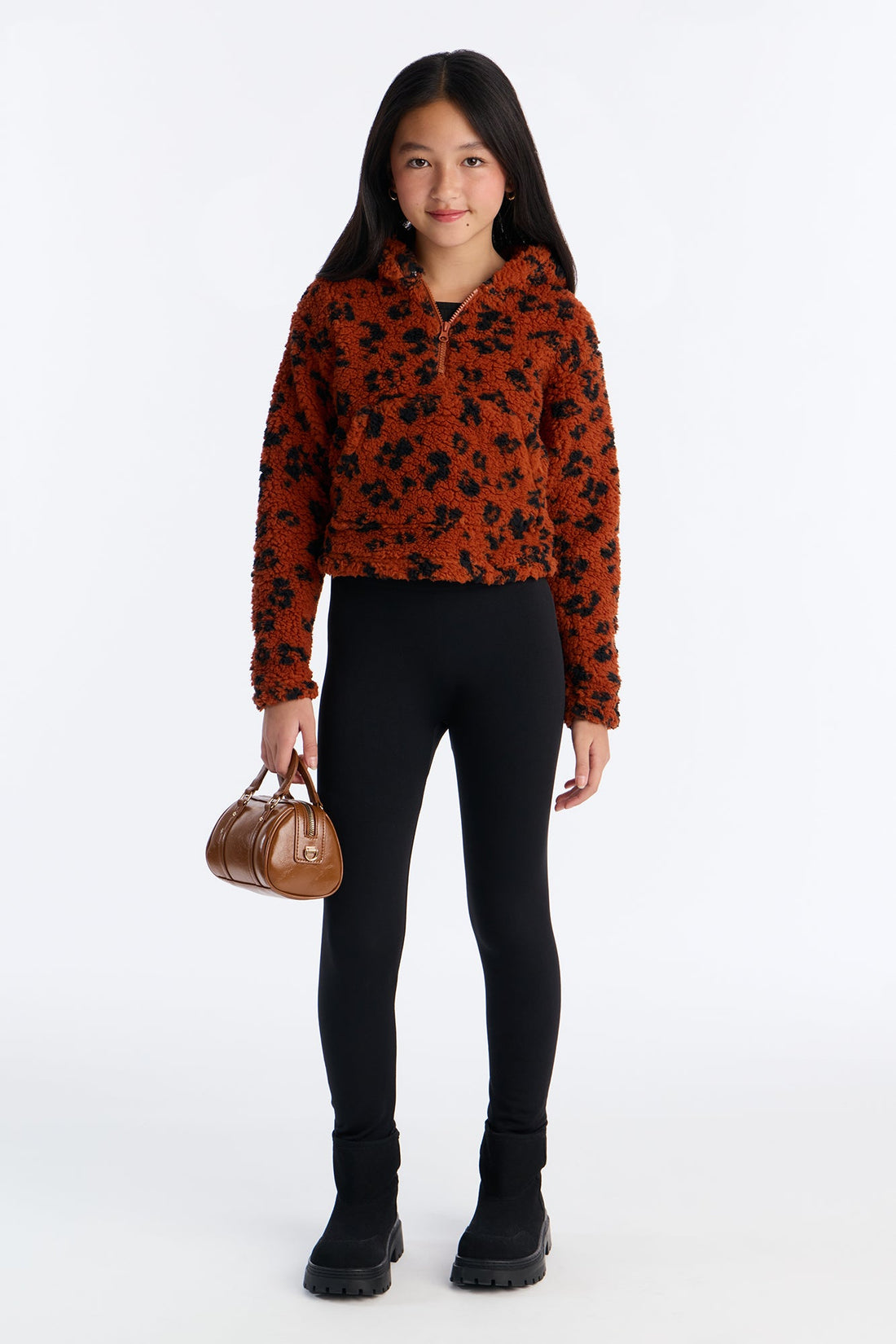 Mini Print Sherpa Fleece Lined Legging Set II - Brown