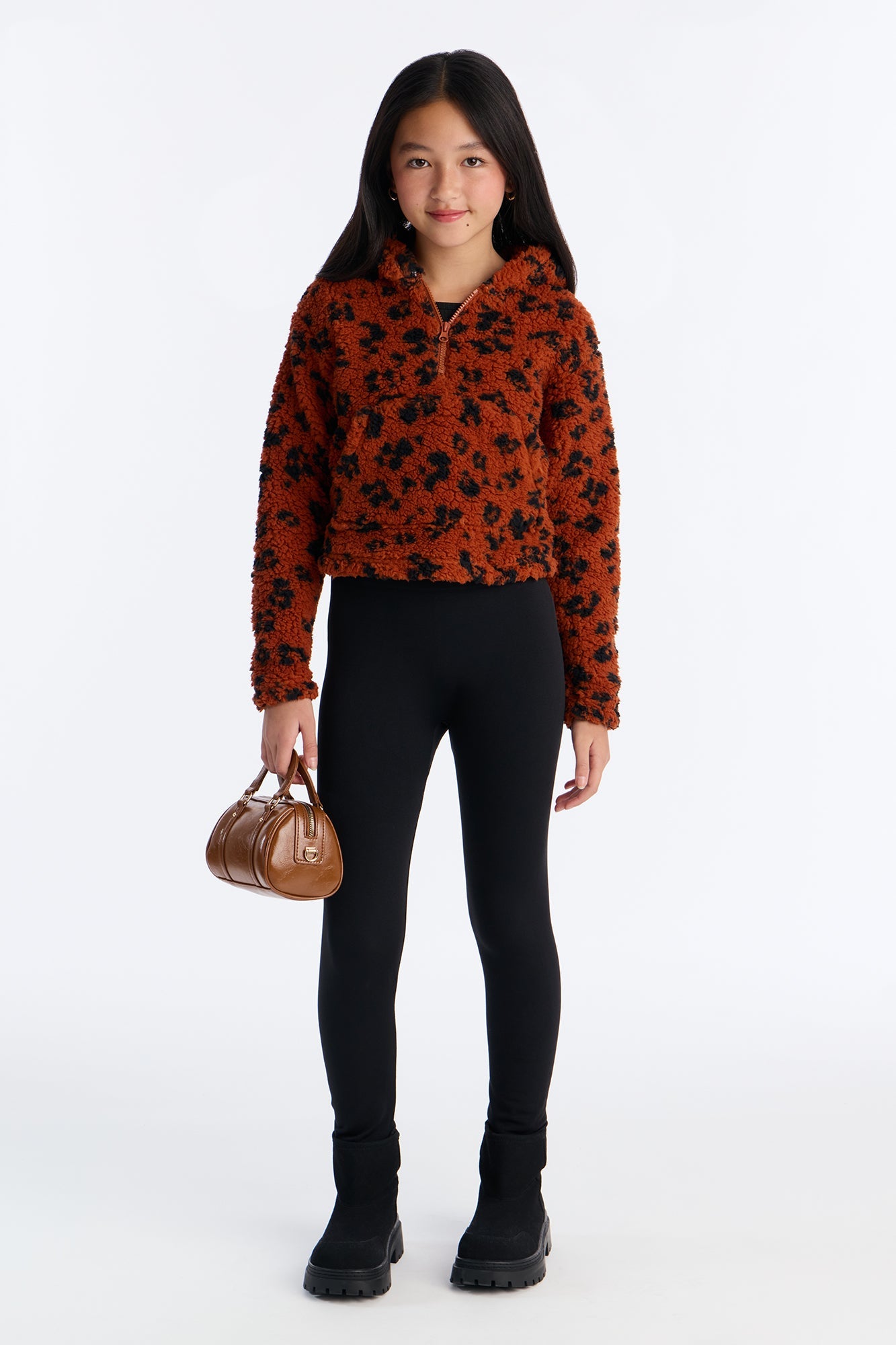 Mini Print Sherpa Fleece Lined Legging Set II - Brown
