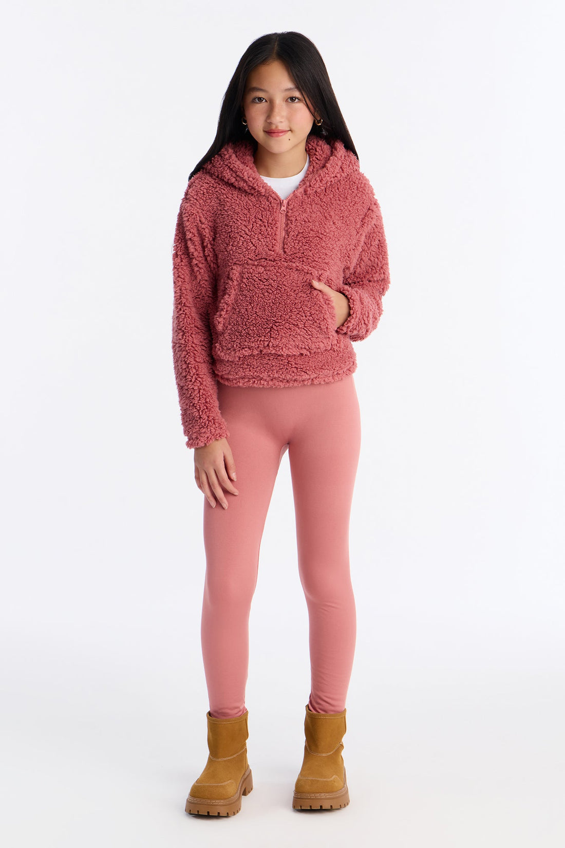 Mini Solid Sherpa Fleece Lined Legging Set II - Rose