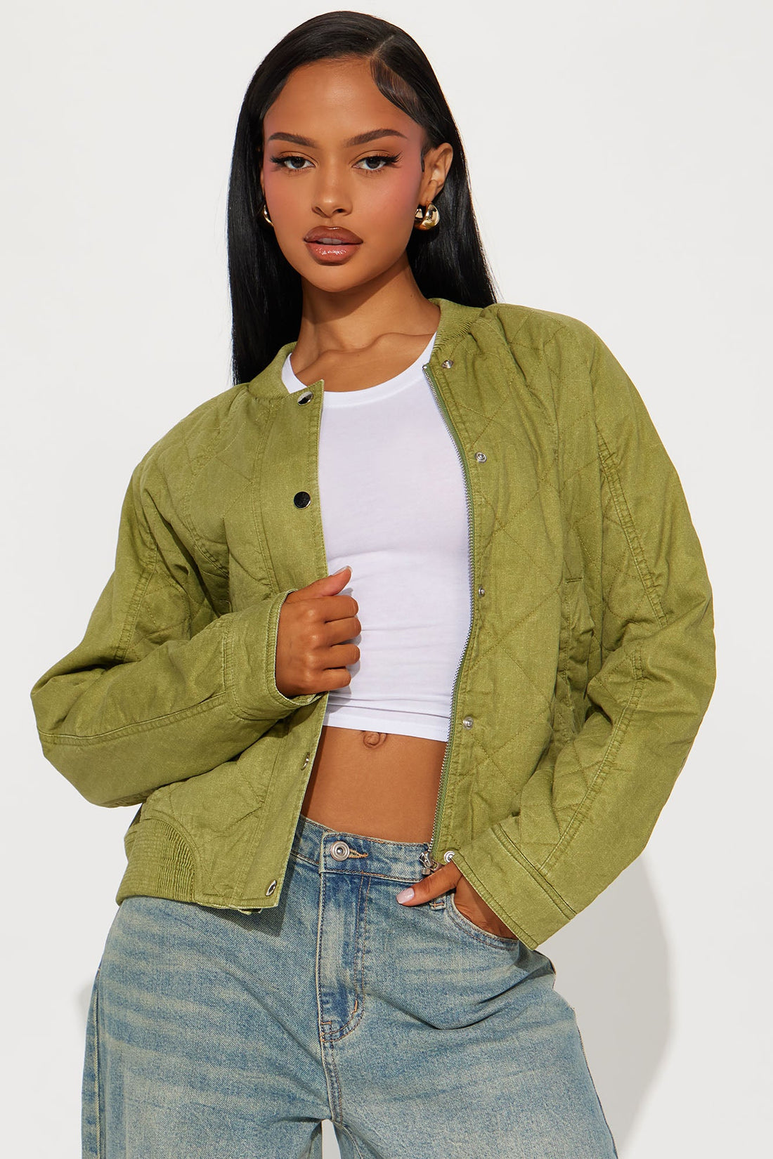 Mara Quilted Washed Bomber Jacket - Olive