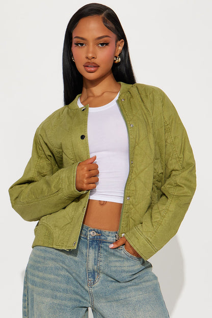 Mara Quilted Washed Bomber Jacket - Olive