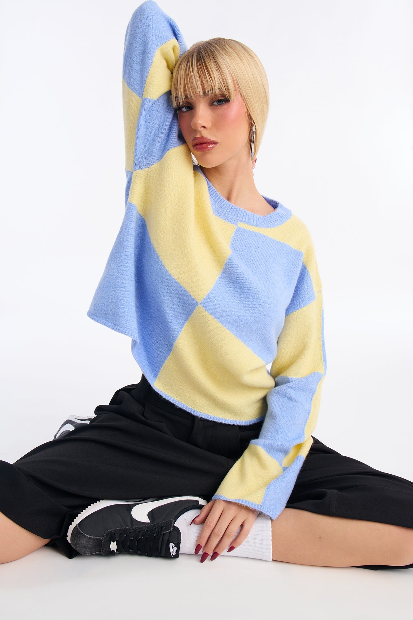 High Demand Checkered Sweater - Blue/combo