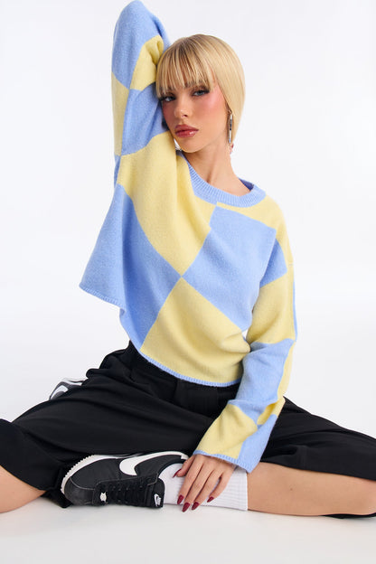 High Demand Checkered Sweater - Blue/combo