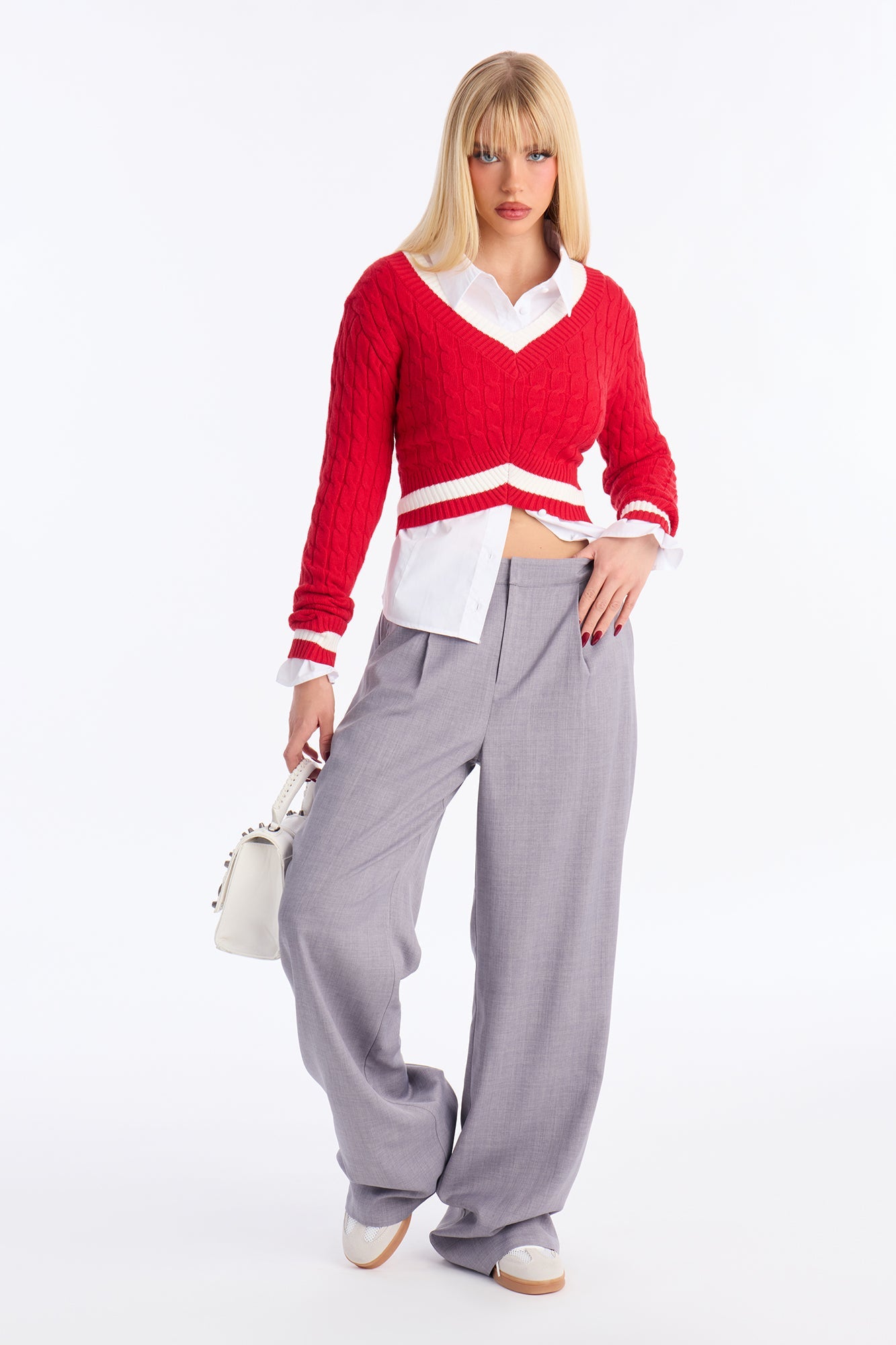 Not The Same Cable Knit Cropped Sweater - Red/combo