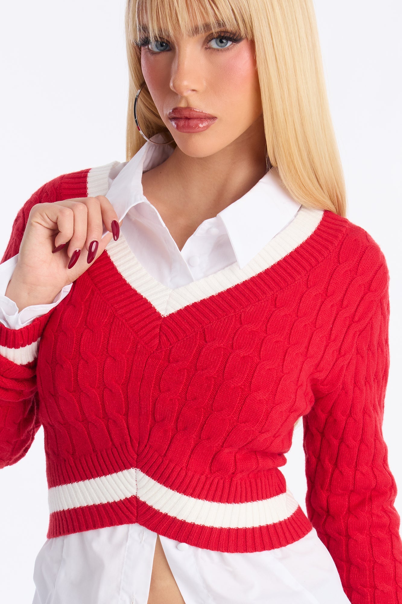 Not The Same Cable Knit Cropped Sweater - Red/combo