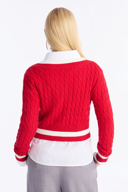 Not The Same Cable Knit Cropped Sweater - Red/combo