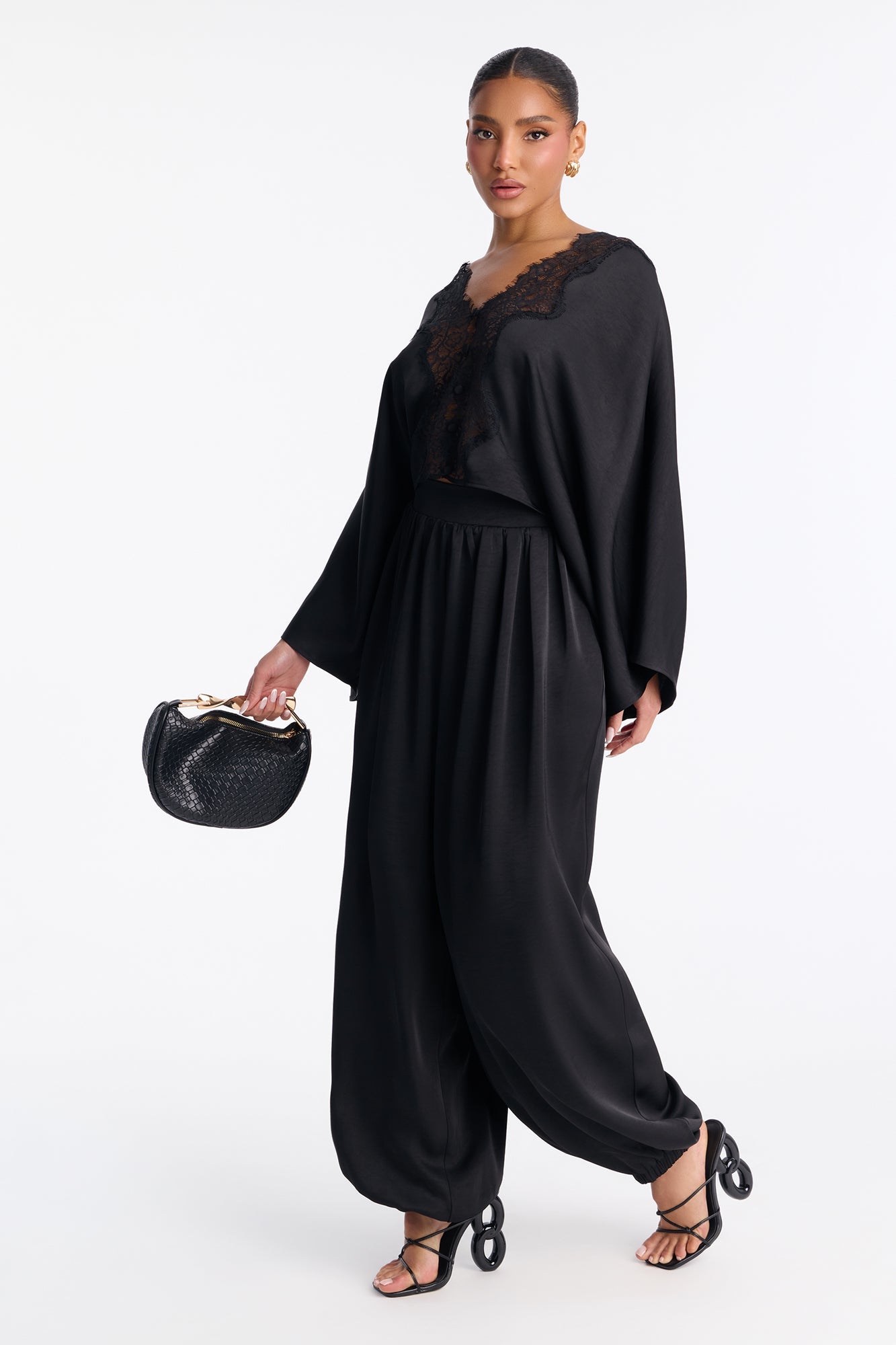 Dawn Satin Balloon Pant Set - Black