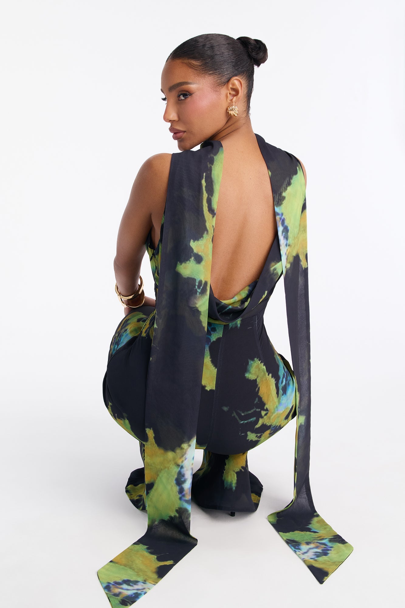 Carli Chiffon Cowl Neck Jumpsuit - Black/Green