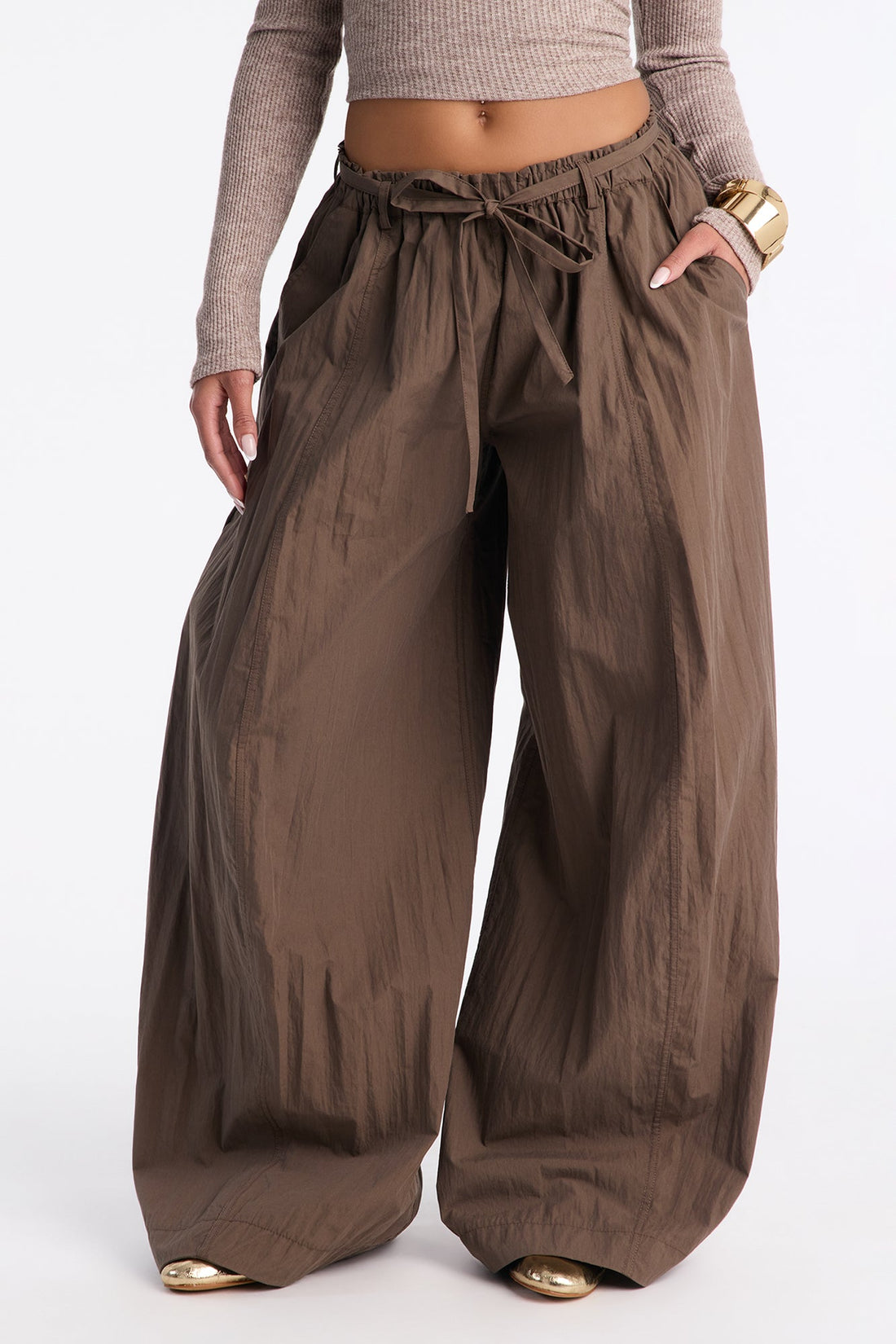 Rush Hour Tie Waist Windbreaker Pant 33″ - Chocolate