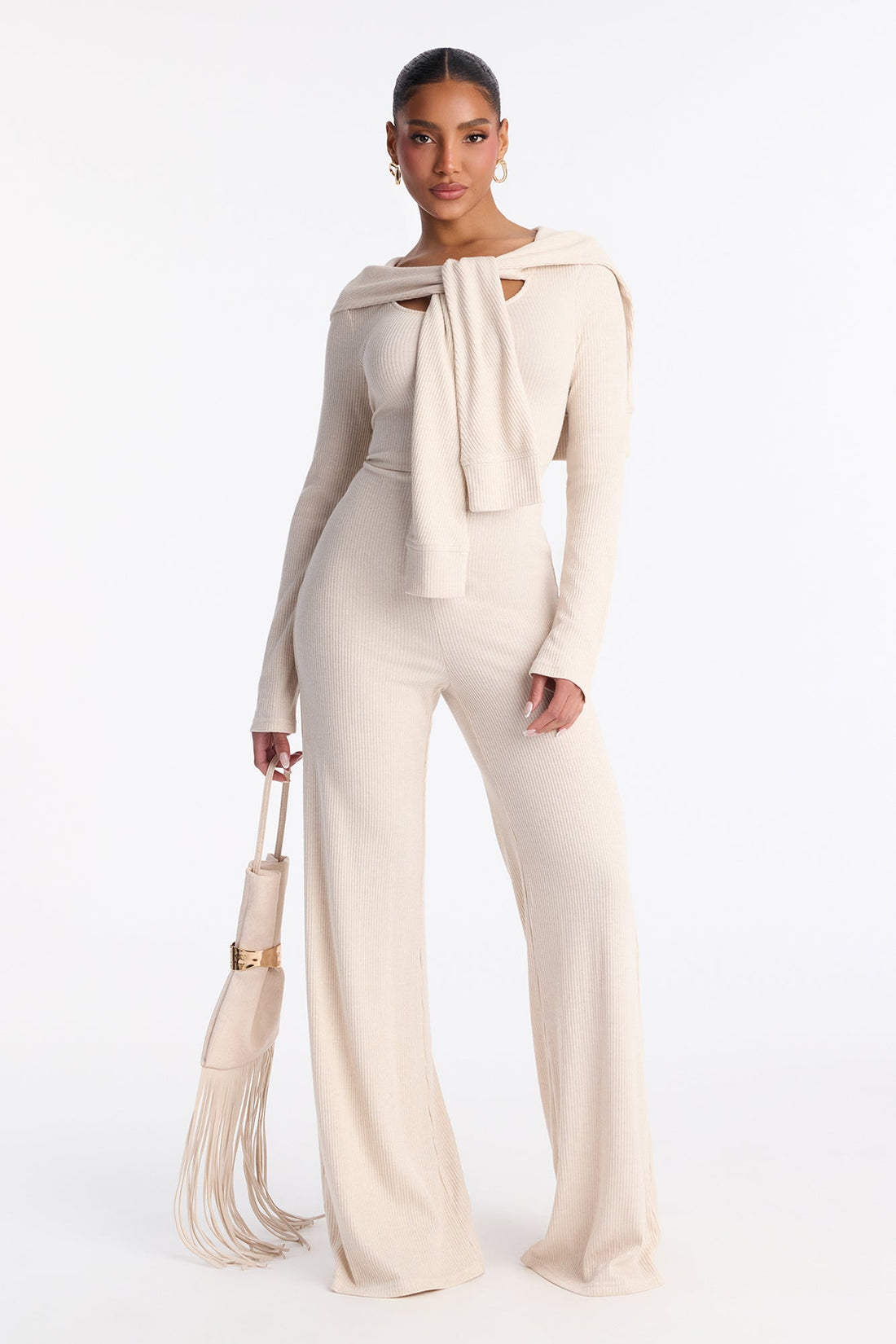 Taylor Layered Flare Leg Knit Jumpsuit - Beige