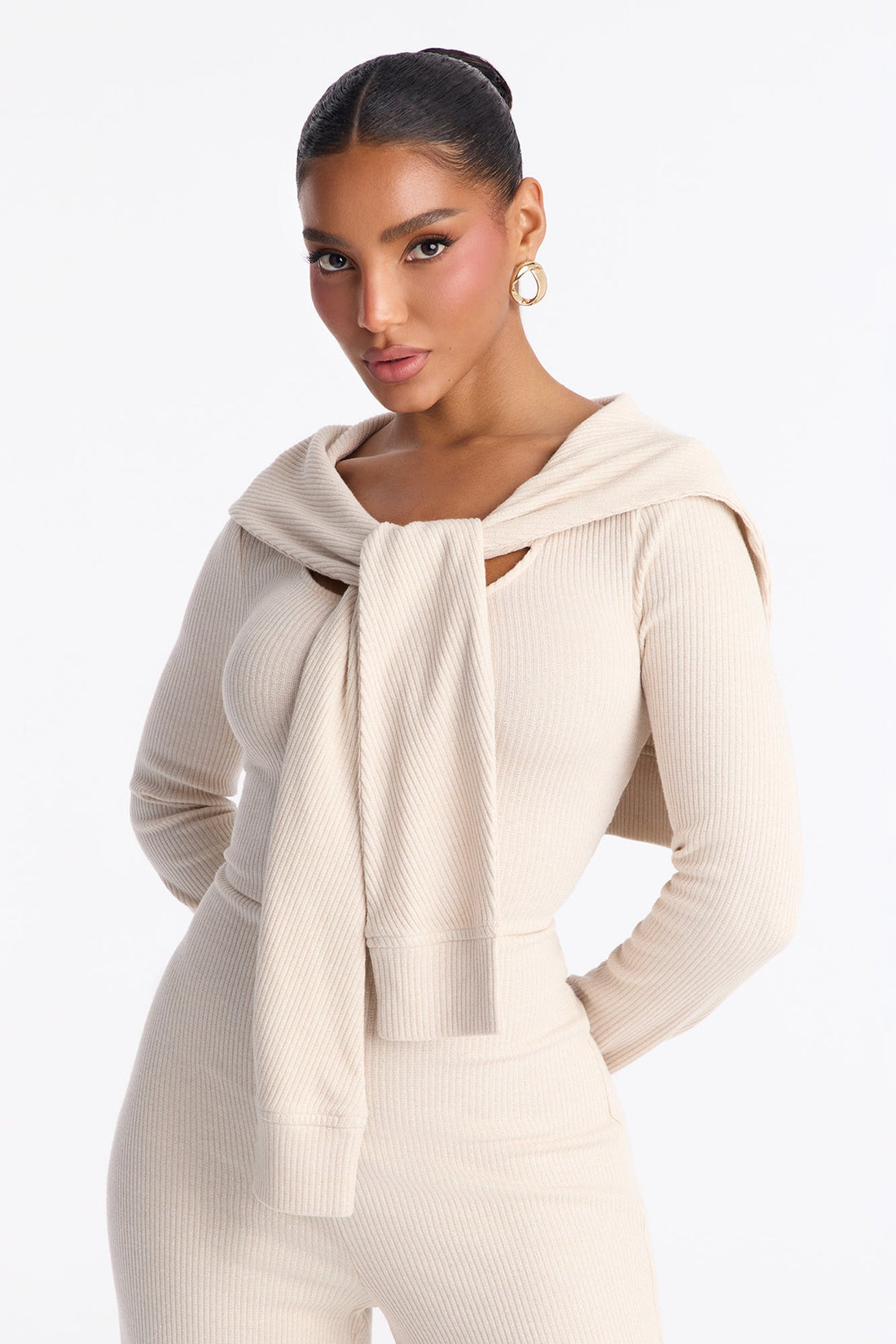 Taylor Layered Flare Leg Knit Jumpsuit - Beige