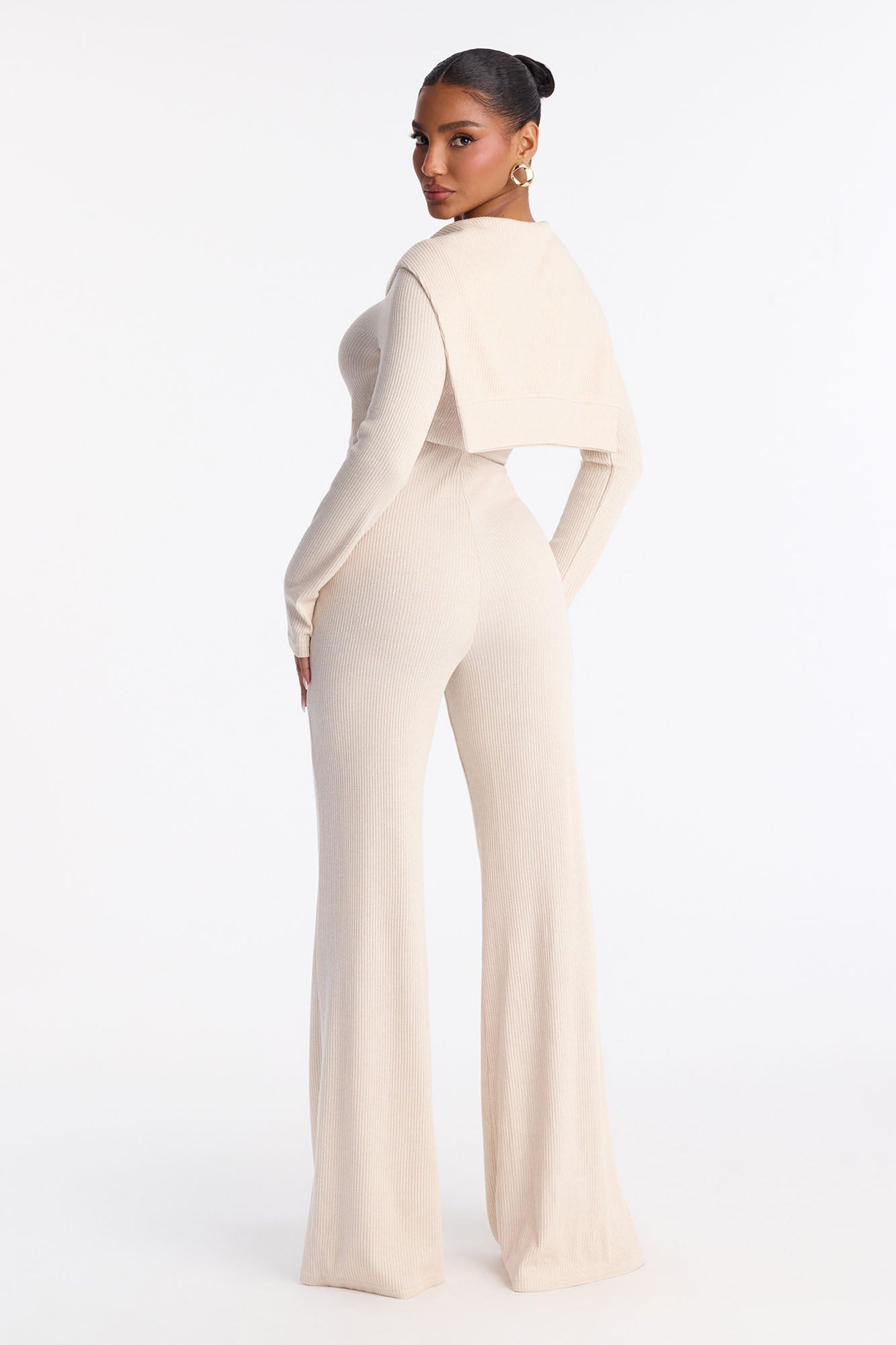 Taylor Layered Flare Leg Knit Jumpsuit - Beige