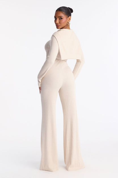 Taylor Layered Flare Leg Knit Jumpsuit - Beige