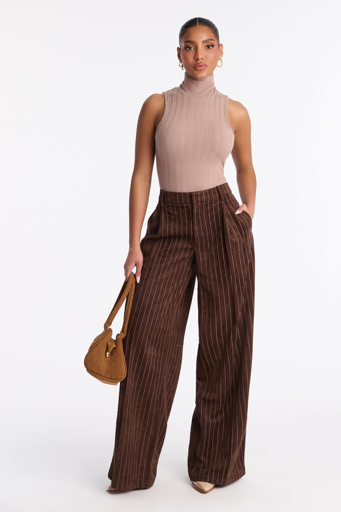 Maxine Faux Suede Wide Leg Pant 33″ - Brown/combo