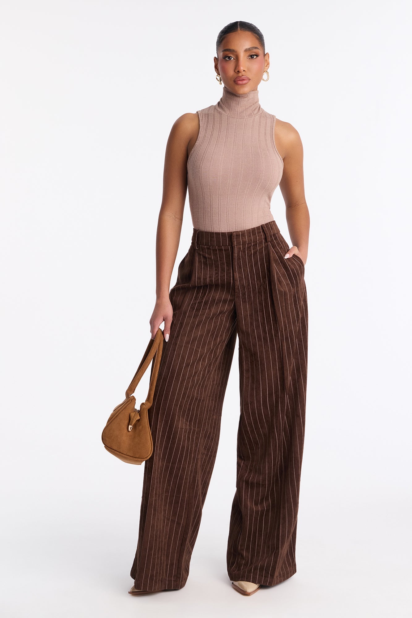 Maxine Faux Suede Wide Leg Pant 33″ - Brown/combo