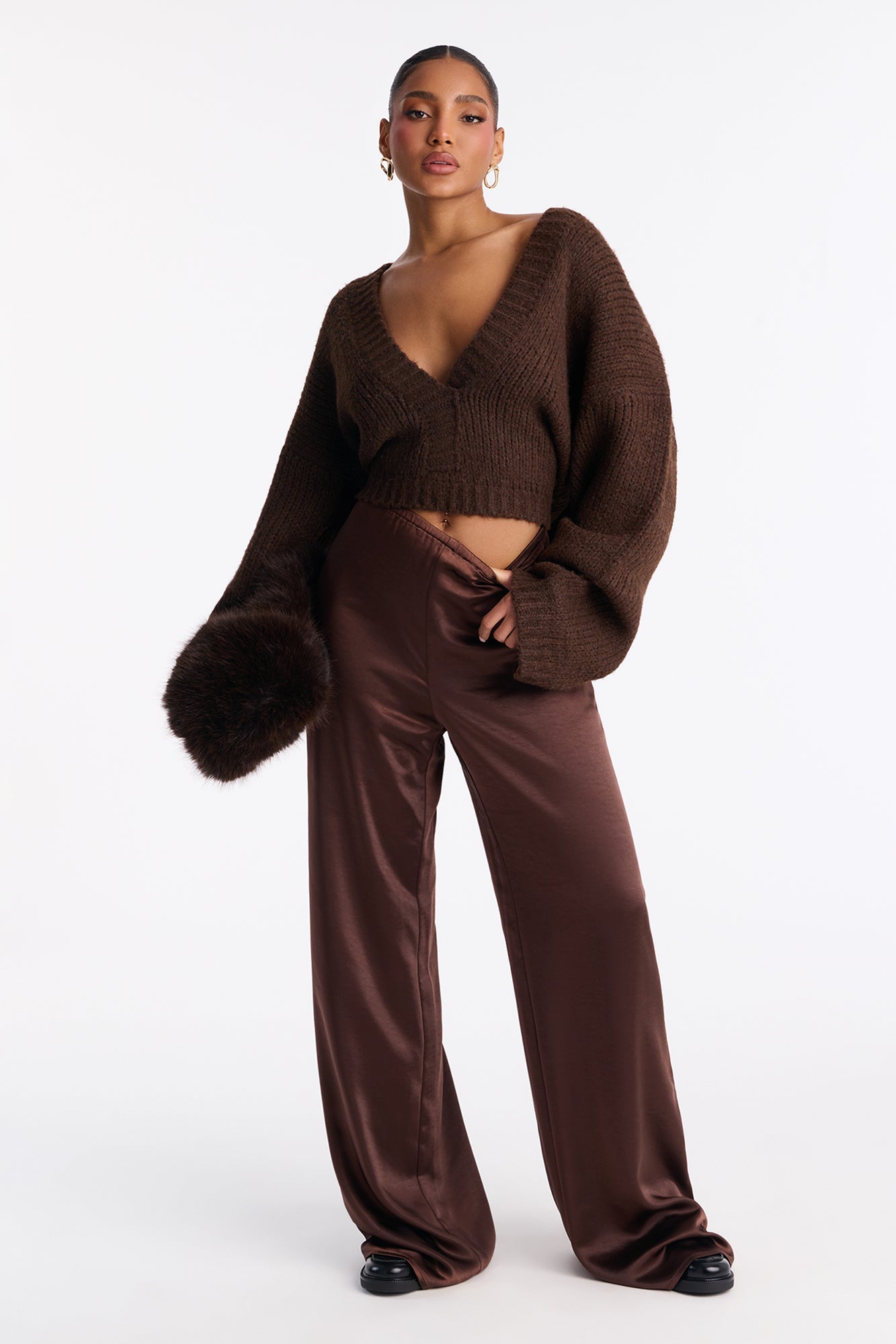 Luxurious Living Pull On Satin Wide Leg Pant 33″ - Chocolate