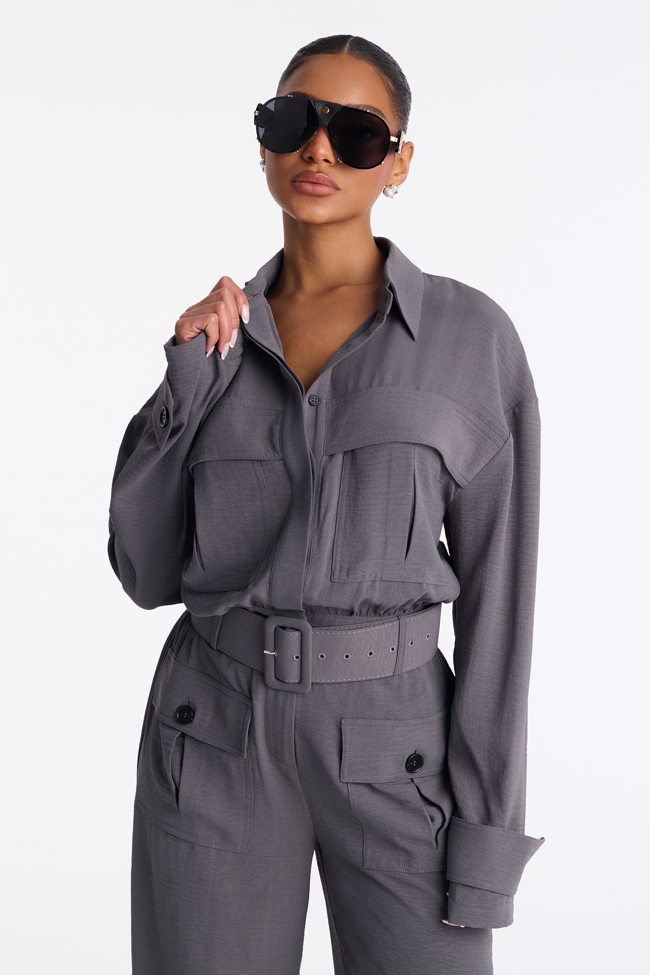 Mia Utility Belted Wide Leg Jumpsuit - Charcoal
