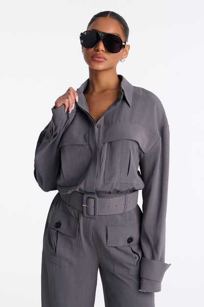 Mia Utility Belted Wide Leg Jumpsuit - Charcoal