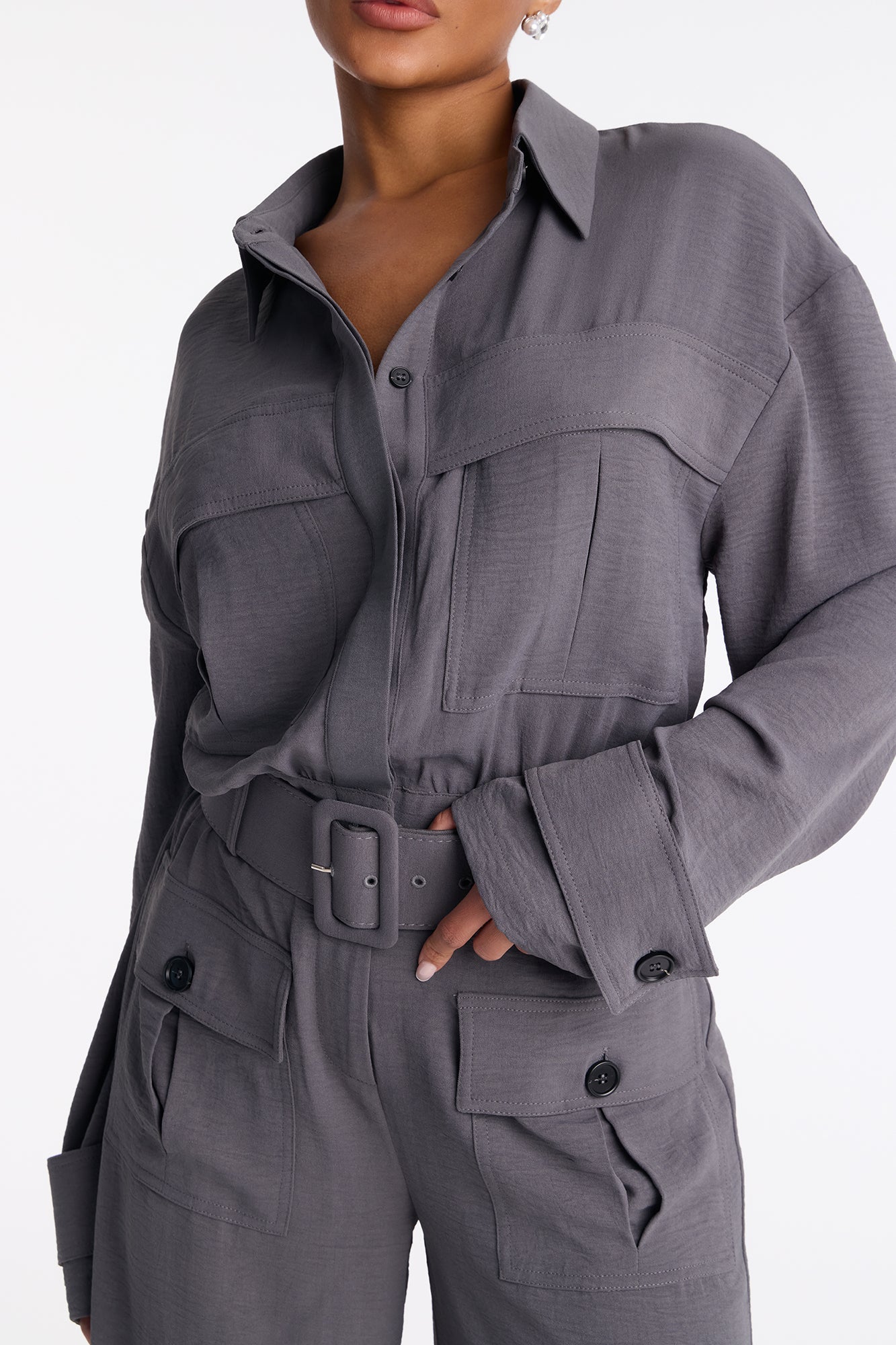Mia Utility Belted Wide Leg Jumpsuit - Charcoal