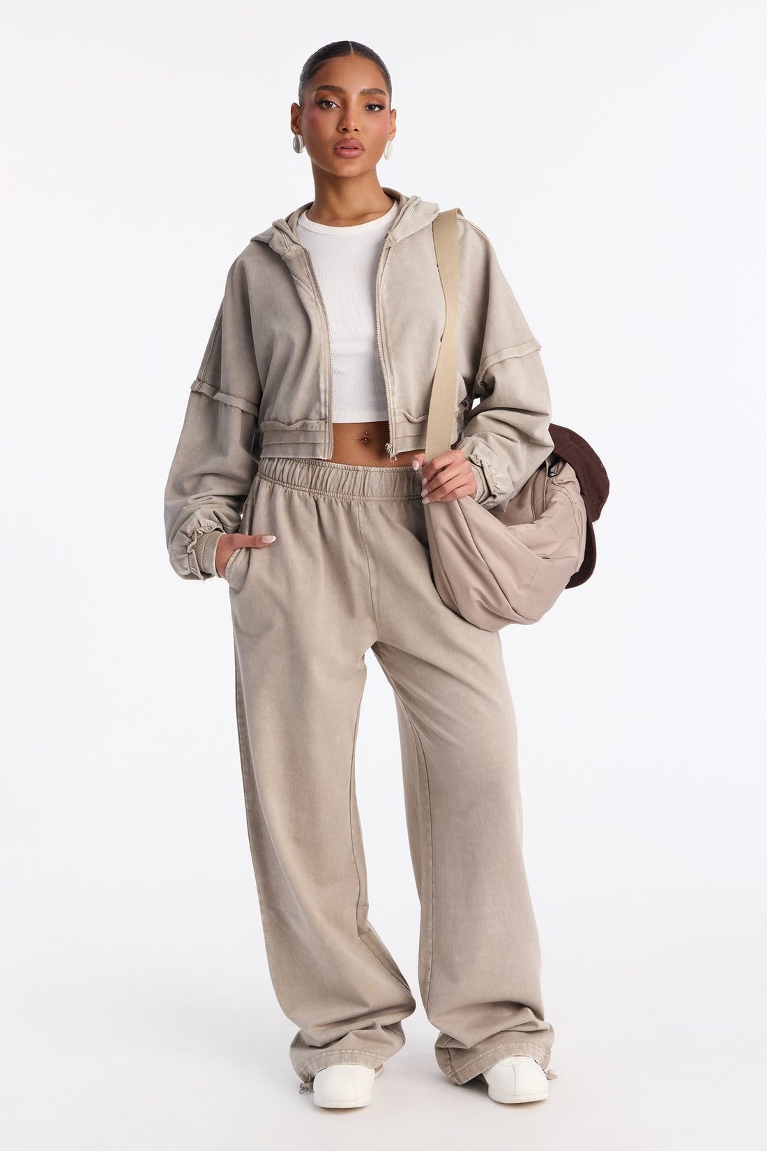 Keep It Cute Cropped Sweatshirt Zip Up - Stone
