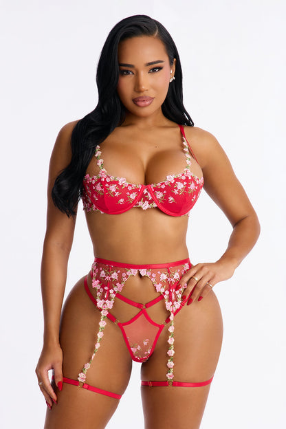 Flowers In Bloom Embroidered 3 Piece Garter Ser - Red/combo