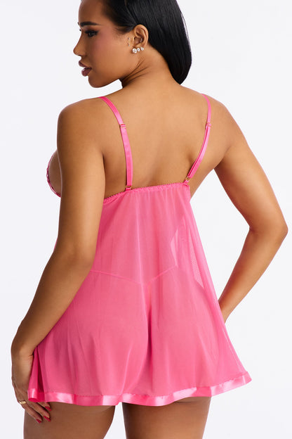 Lovely Doll Embroidery Floral Lace Sheer Babydoll - Sangria