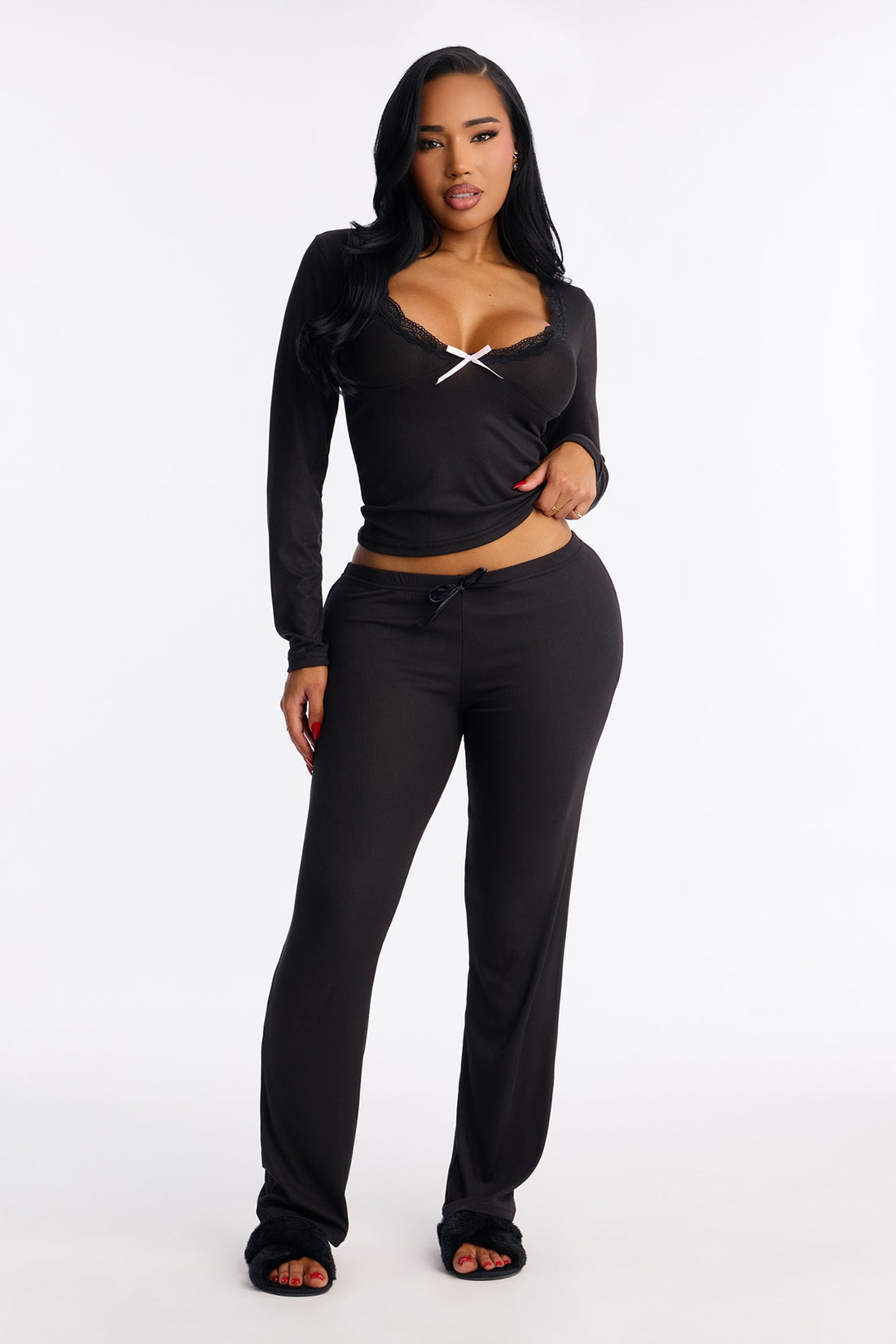 Thinking Of You Ribbed Long Sleeve PJ Pant Set - Black