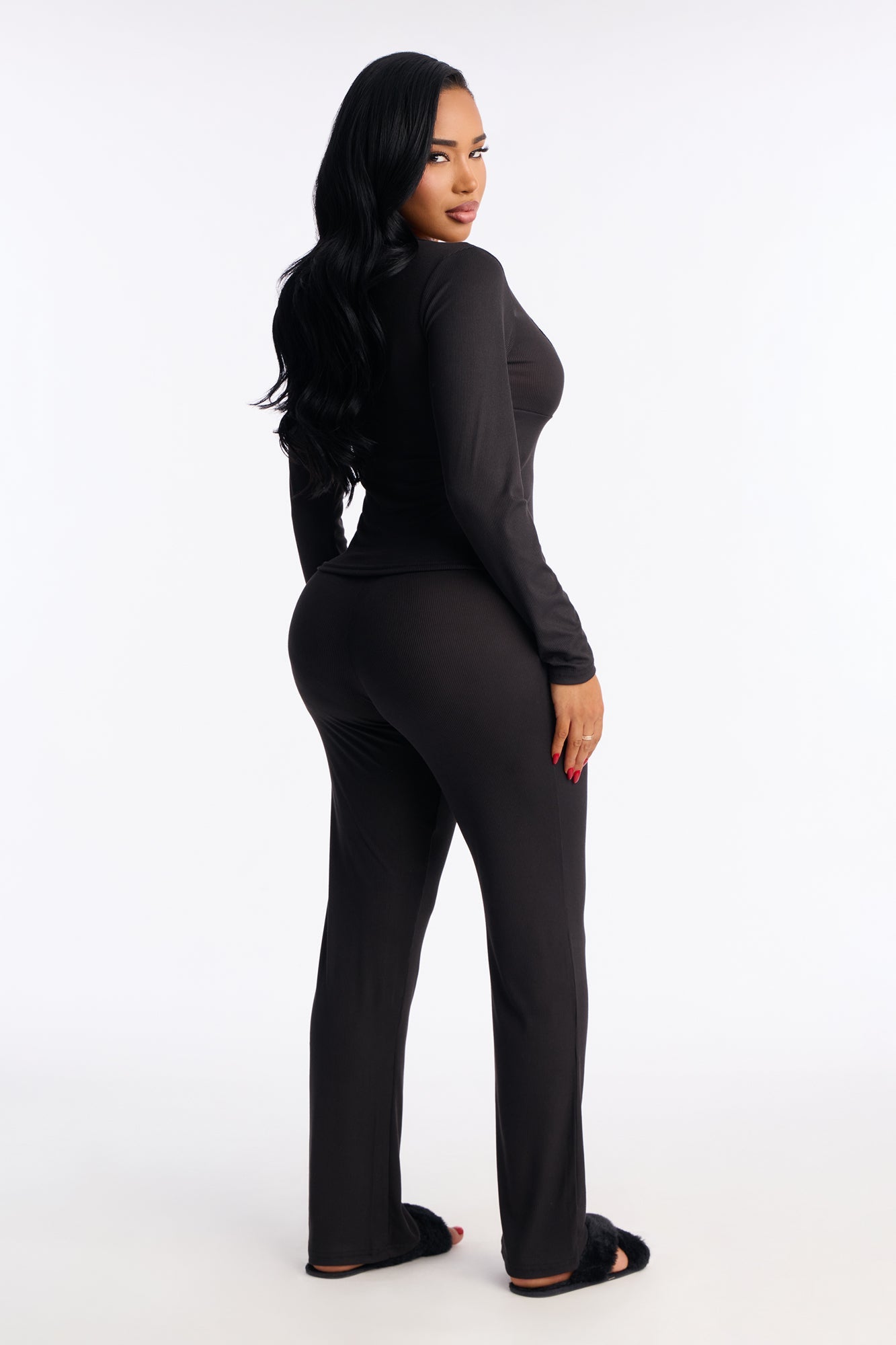Thinking Of You Ribbed Long Sleeve PJ Pant Set - Black