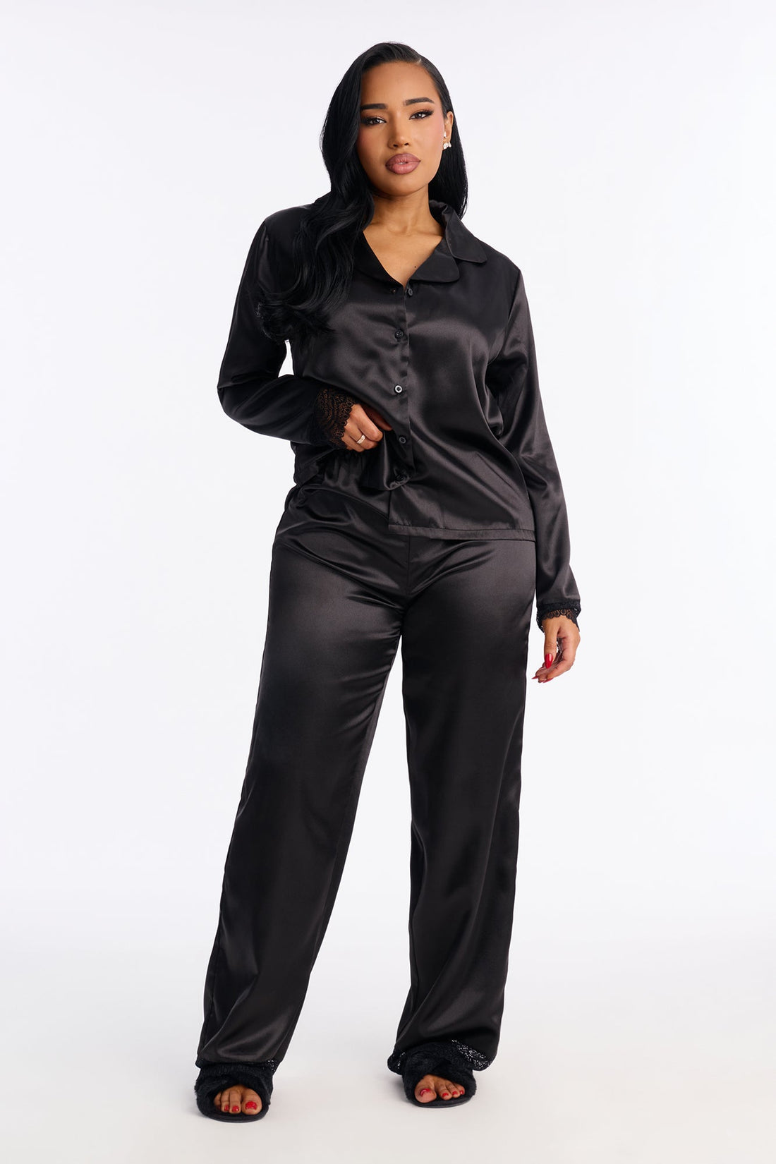 Getting Sleepy Satin Lace Trim Long Sleeve PJ Pant Set - Black