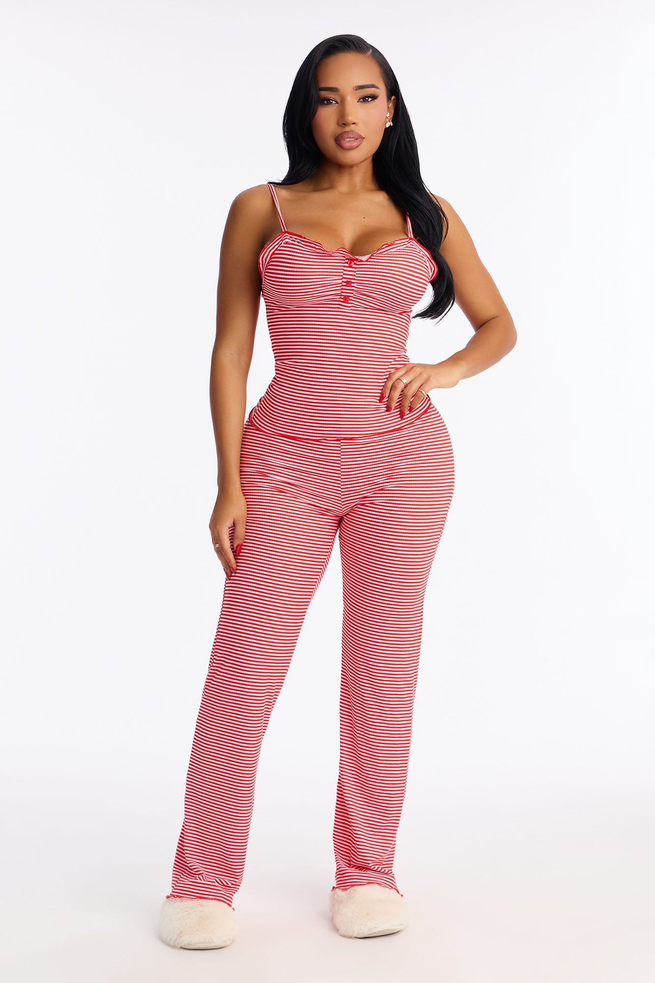 Falling Asleep Ribbed Cami PJ Pant Set - Red/White