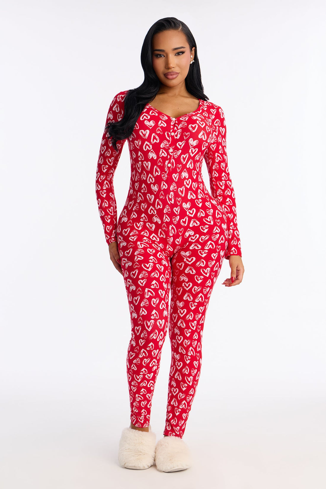 Love Everywhere Long Sleeve PJ Jumpsuit Onesie - Red/White