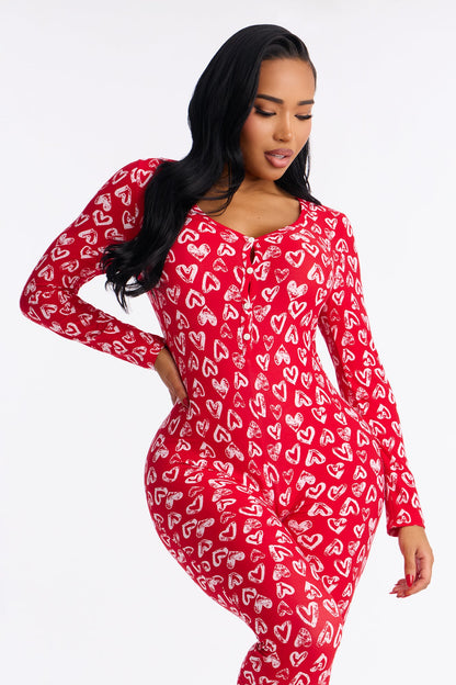 Love Everywhere Long Sleeve PJ Jumpsuit Onesie - Red/White