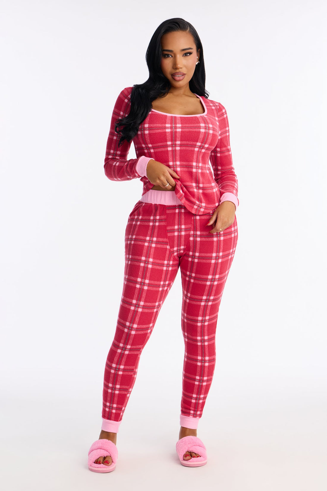 Cozy Cuddles Waffle Long Sleeve PJ Pant Set - Red/combo