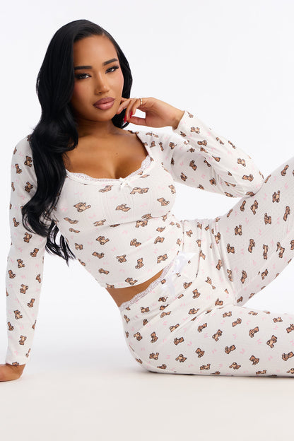 Cuddle Me Teddy Pointelle Long Sleeve PJ Pant Set - White/combo