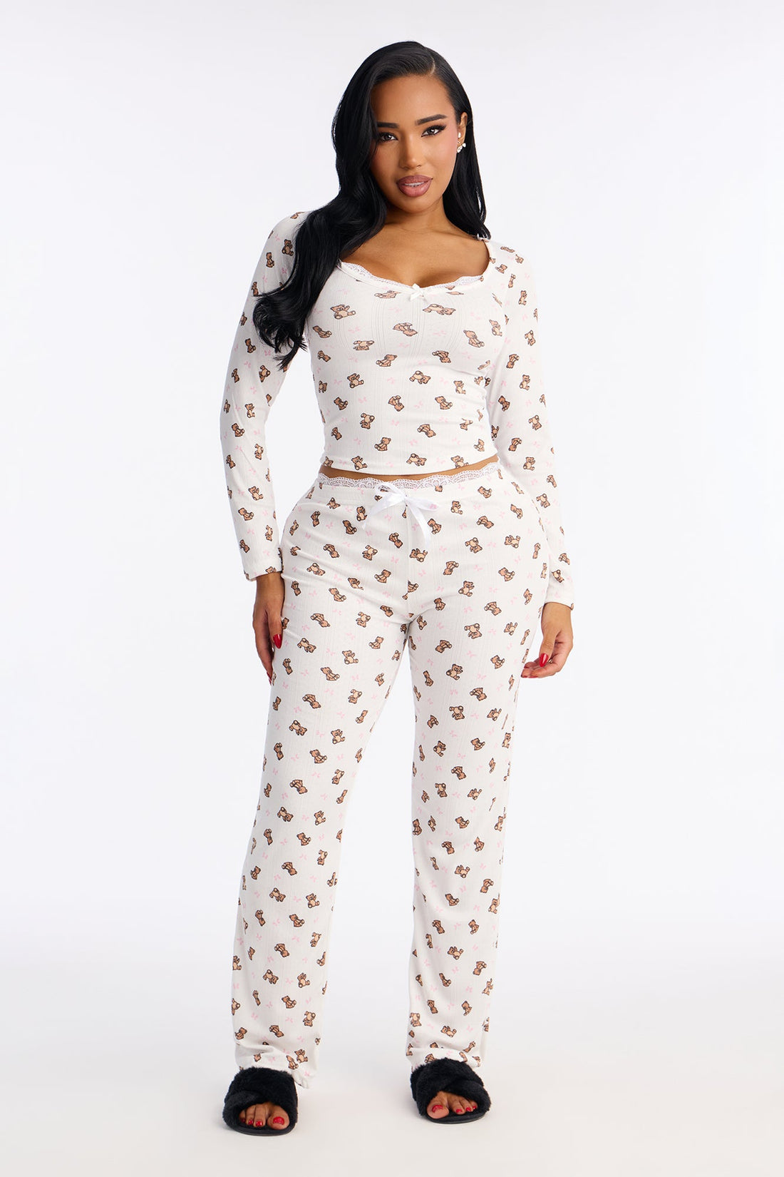 Cuddle Me Teddy Pointelle Long Sleeve PJ Pant Set - White/combo