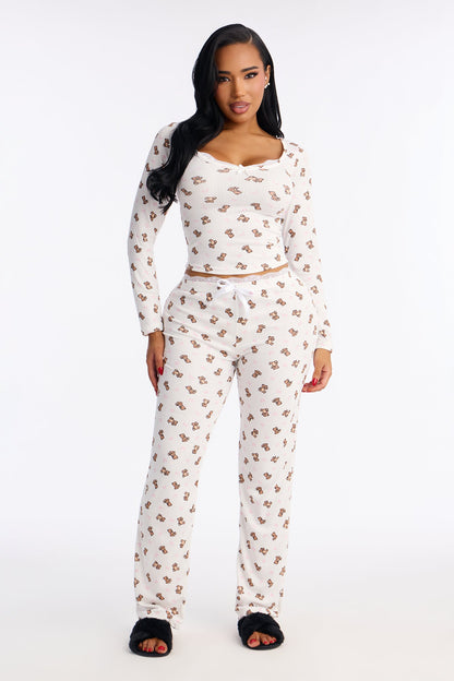 Cuddle Me Teddy Pointelle Long Sleeve PJ Pant Set - White/combo