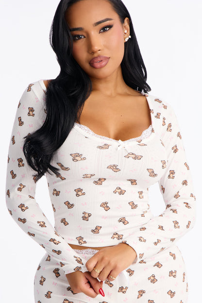 Cuddle Me Teddy Pointelle Long Sleeve PJ Pant Set - White/combo