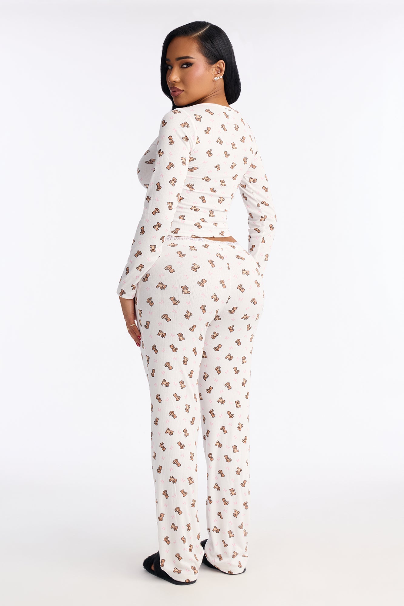 Cuddle Me Teddy Pointelle Long Sleeve PJ Pant Set - White/combo