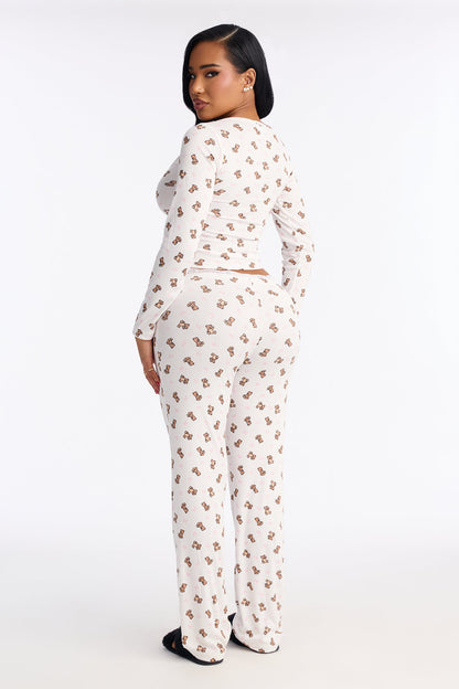 Cuddle Me Teddy Pointelle Long Sleeve PJ Pant Set - White/combo