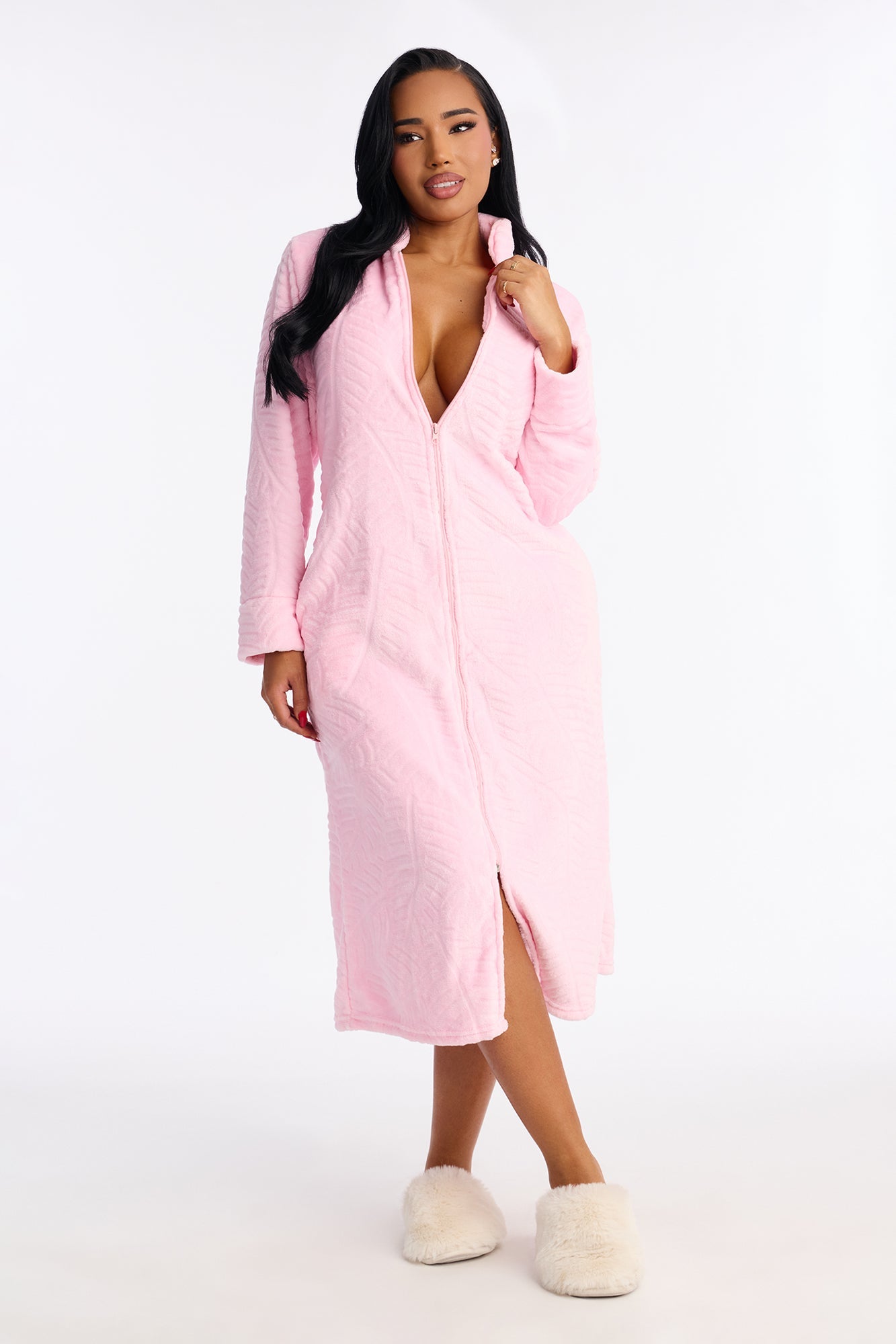 Sleepy Mood Fleece Zip Front Robe - Pink