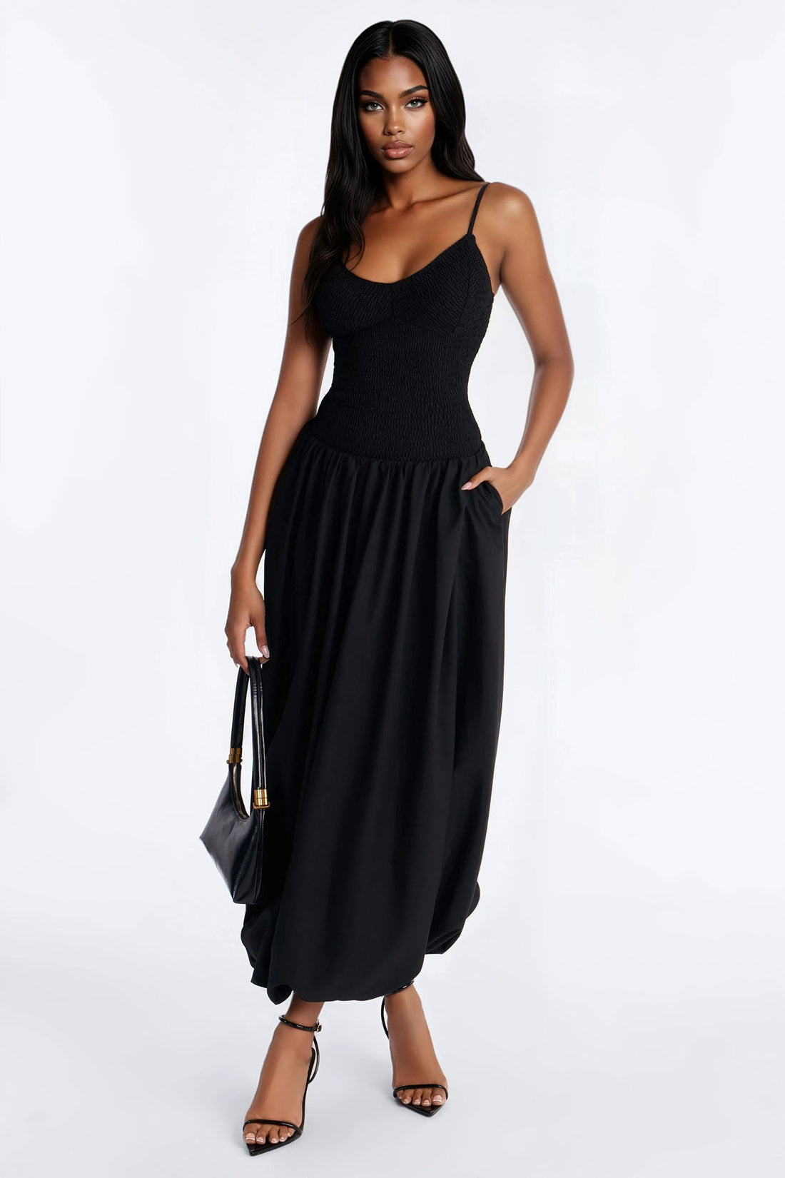 Sweet Daze Smocked Bubble Maxi Dress - Black